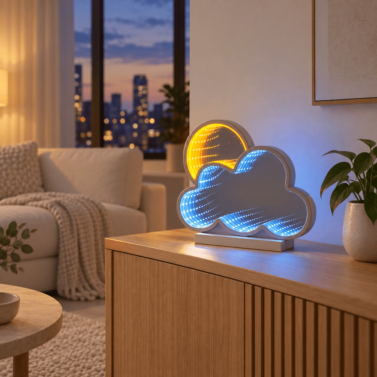 Blue cloud and yellow sun infinity mirror light on living room console