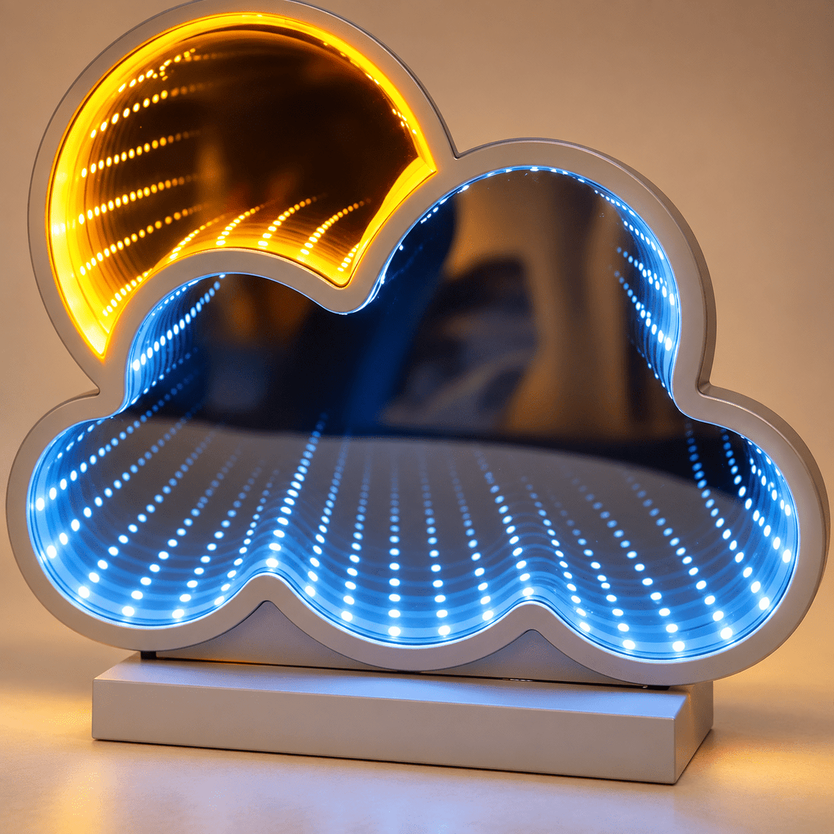 Close view of receding blue and yellow LED mirror light tunnels