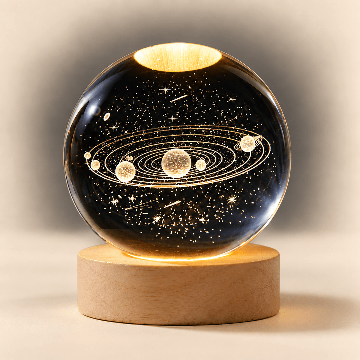 Mini crystal ball lamp with engraved solar system and unlabeled orbital lines