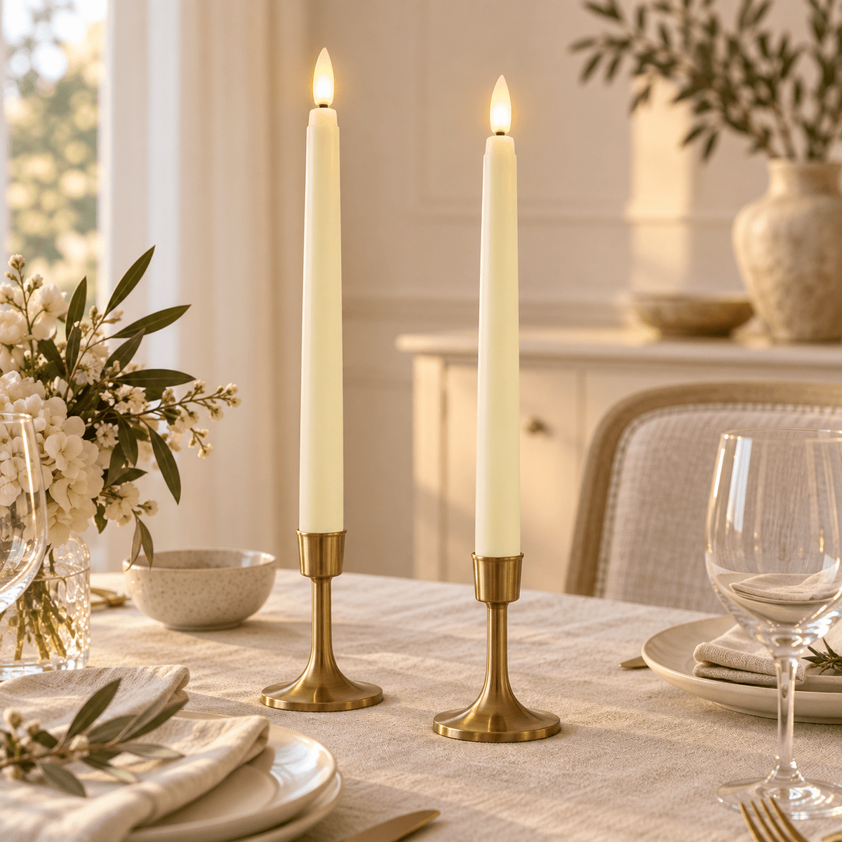 Ivory flameless taper candles styled in brass dining table holders