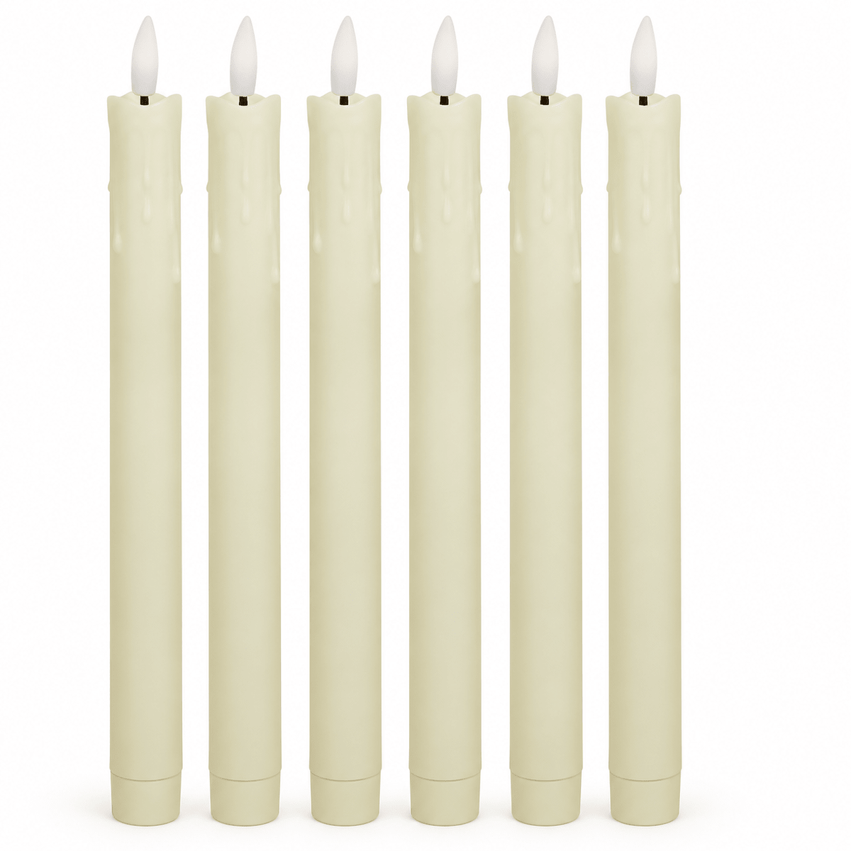 Six ivory style A flameless taper candles with softly uneven top rims