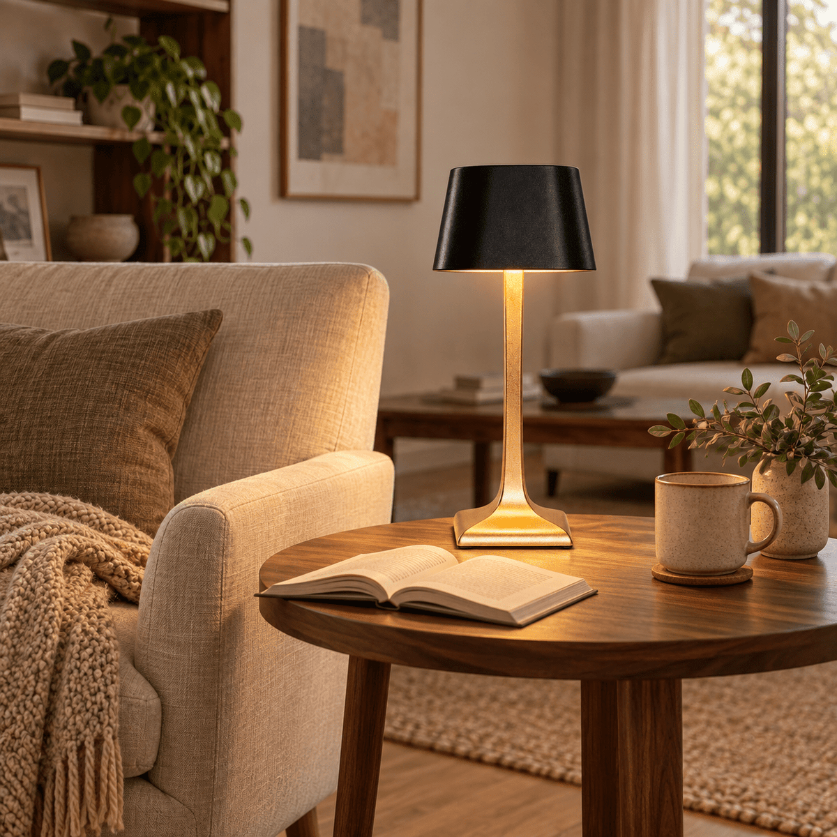 Gold square-base cordless lamp with a black shade lit beside an armchair in a styled living room
