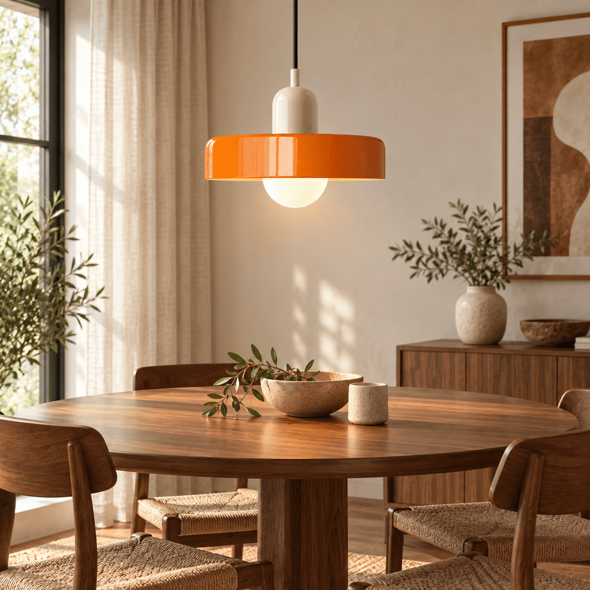 Orange Bauhaus glass pendant lit above a dining table in a styled dining room