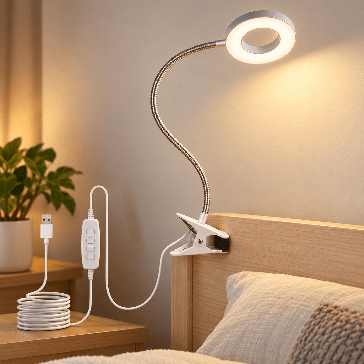 White clip-on ring-head lamp attached to a wood headboard