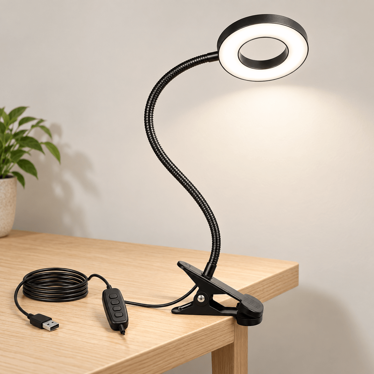Black clip-on ring-head desk lamp on a pale oak desk