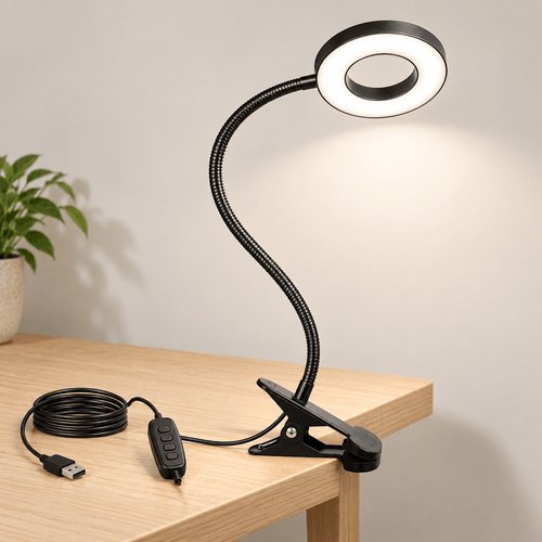 Black clip-on ring-head desk lamp on a pale oak desk