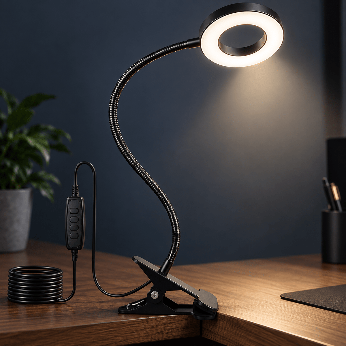 Black clip-on ring-head lamp on a walnut desk