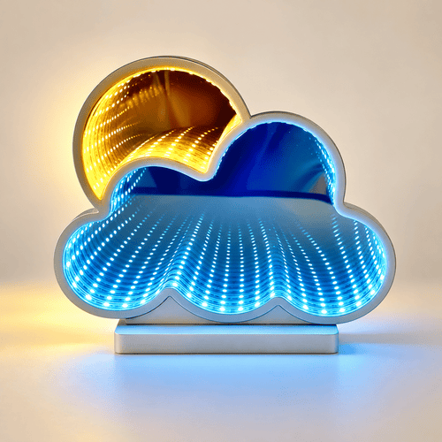 Blue cloud and yellow sun infinity mirror lamp on silver base