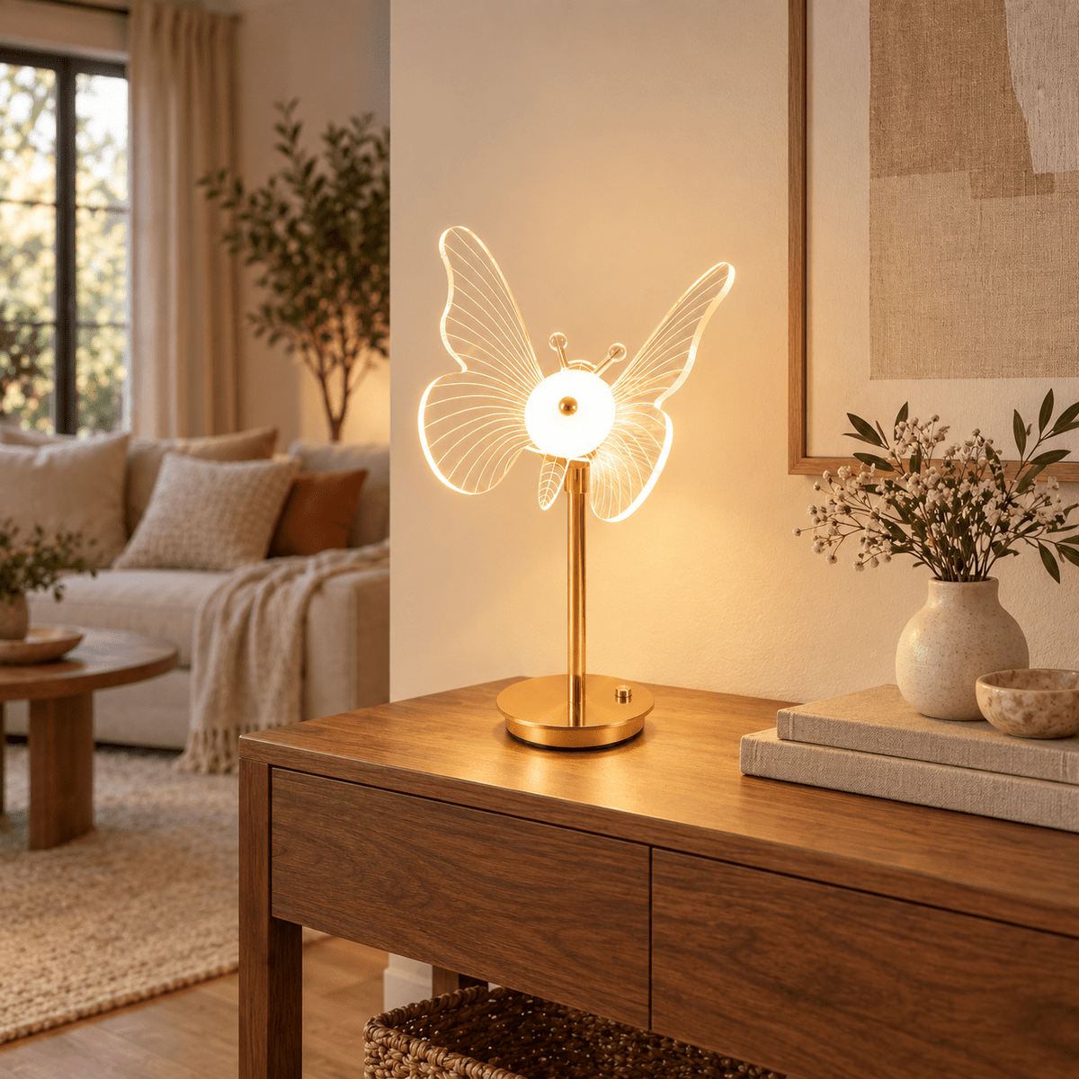 Butterfly acrylic table lamp with a gold base lit on a console in a styled living room