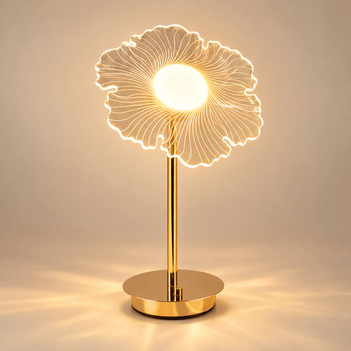Flower shaped acrylic lamp, gold base; style letter mapping awaiting supplier confirmation