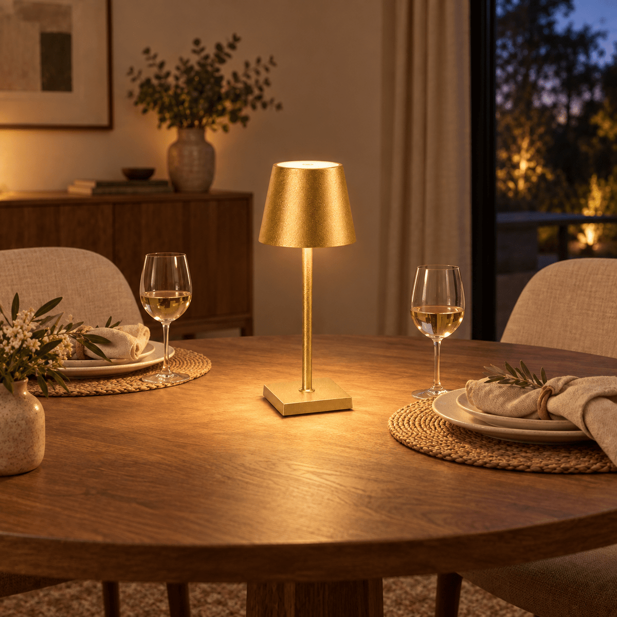 Gold cordless table lamp lit on a table set for two in a styled dining room