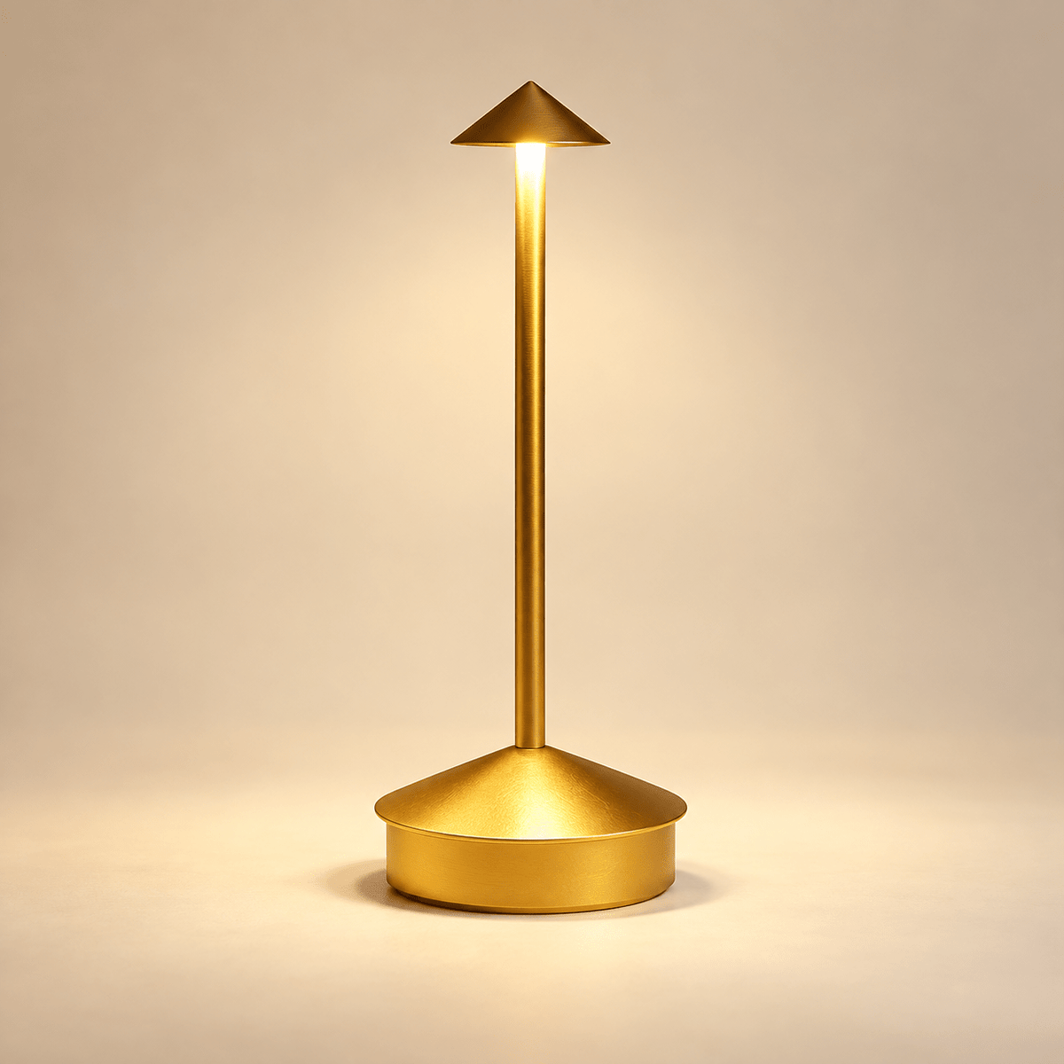 gold finish single lamp from reference, tiny low conical shade on slim straight stem with broad cylindrical base with conical top