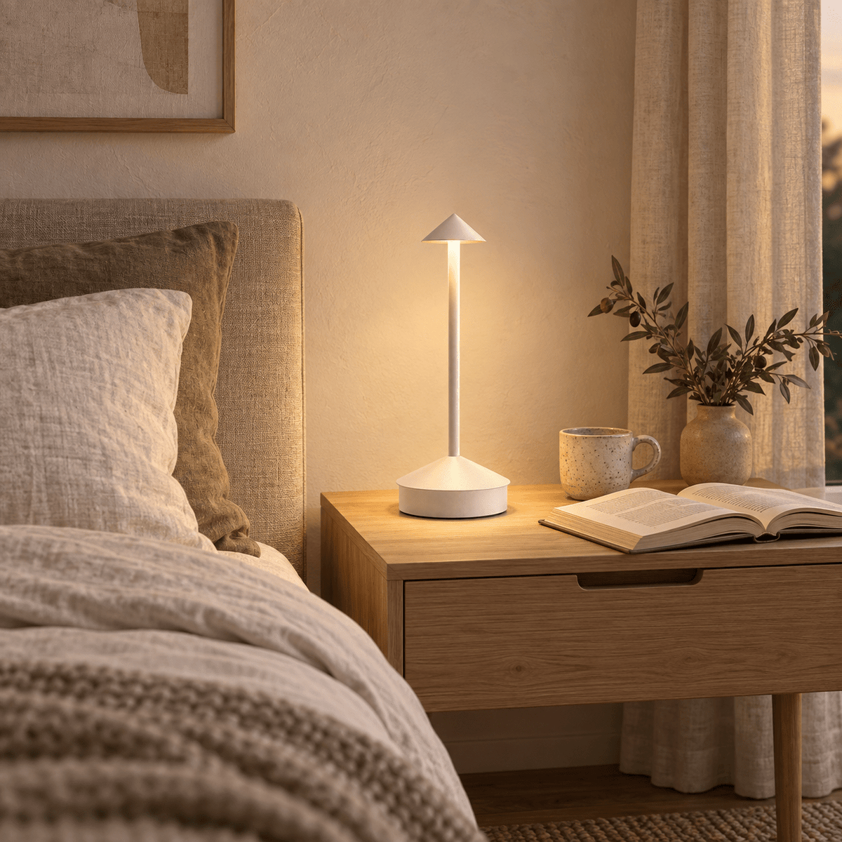 White rechargeable touch table lamp lit on an oak bedside table beside a linen bed — styled lifestyle scene