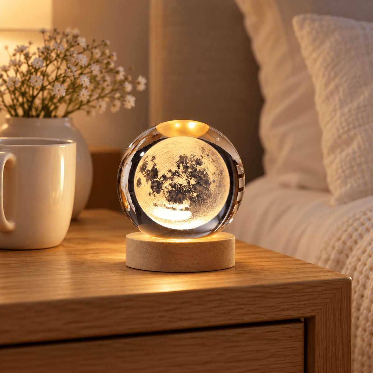 Mini Moon crystal ball night light on oak bedside table