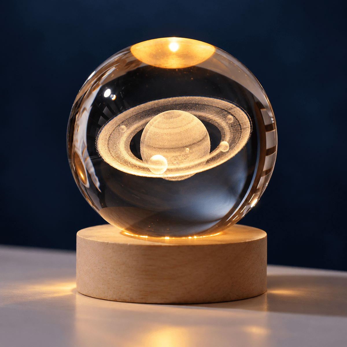 Close view of Saturn carving inside warm glowing crystal ball lamp