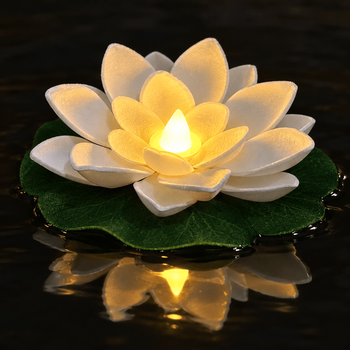Close-up of white floating lotus petals and warm LED