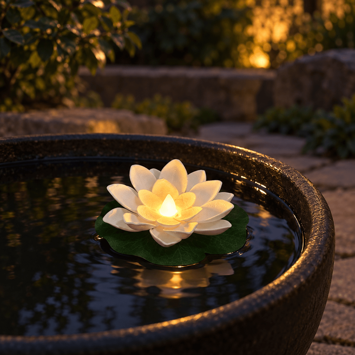 One white floating lotus lamp in a water bowl at dusk