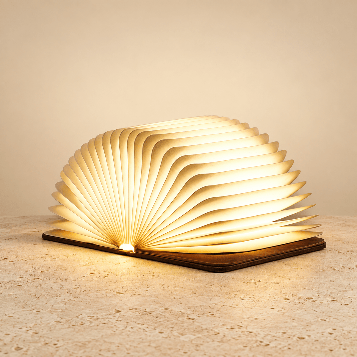 Walnut wooden folding book lamp with warm accordion paper glow