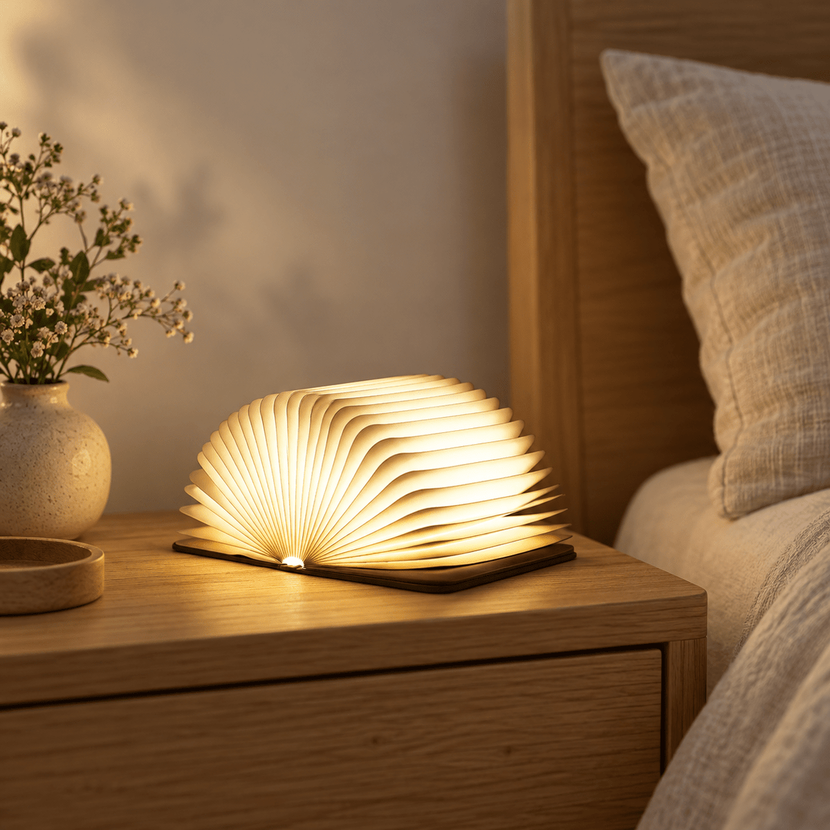 Walnut wooden folding book lamp on an oak bedside table