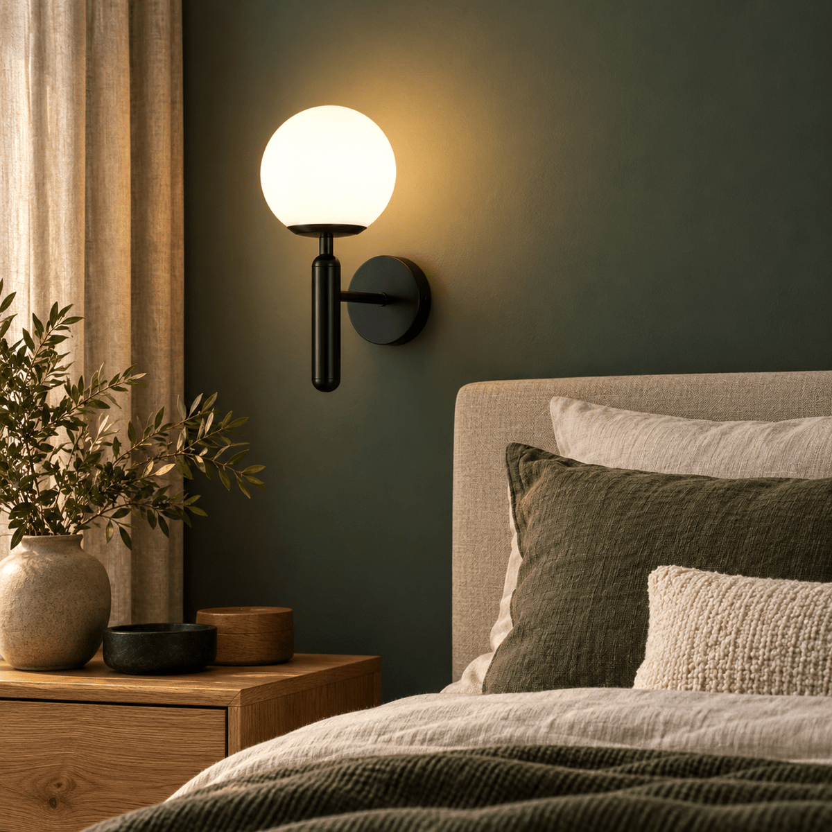 Black glass wall sconce, bedside view