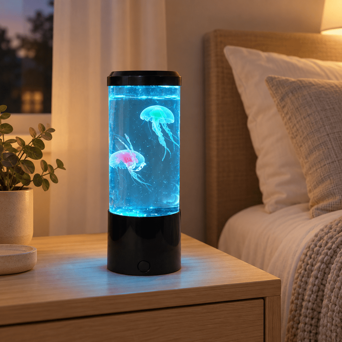 Jellyfish aquarium lamp on oak bedside table glowing aqua