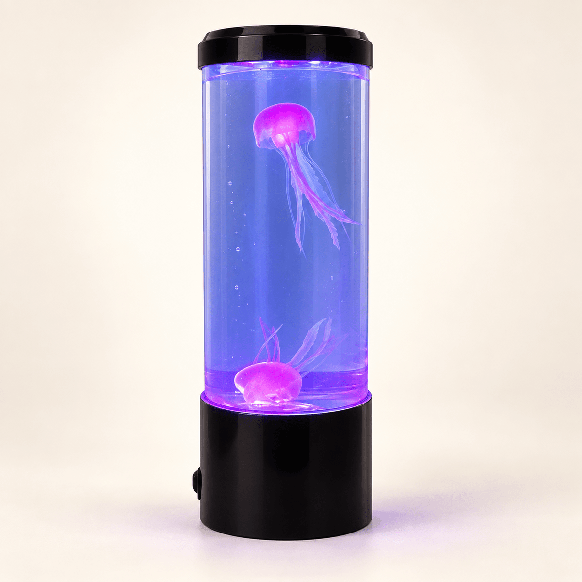 Black cylindrical jellyfish aquarium lamp glowing violet on an ivory background