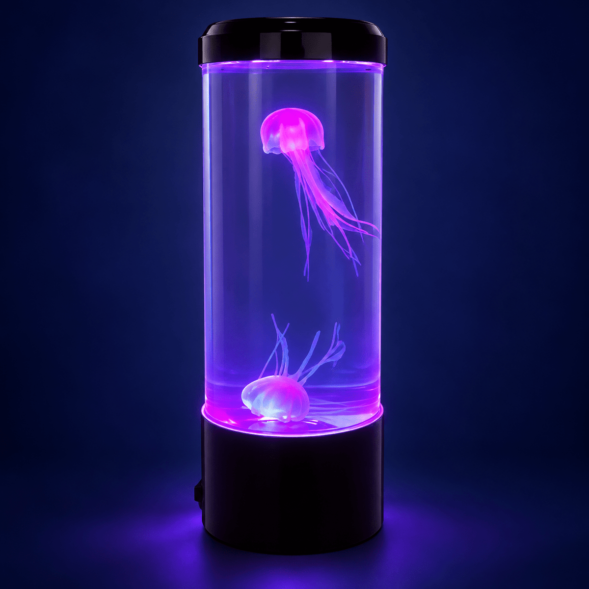 Two artificial jellyfish inside violet illuminated aquarium lamp