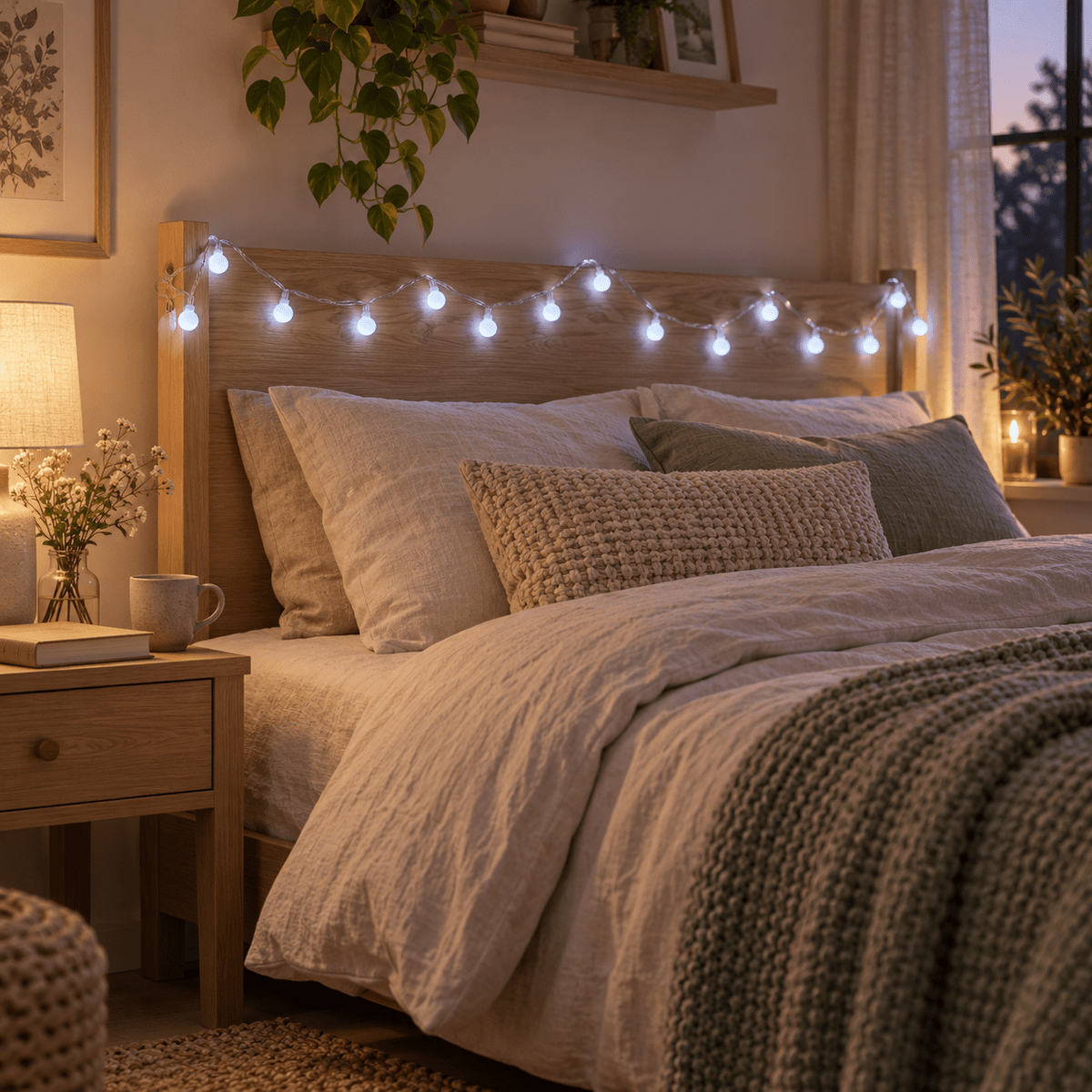 Cool-white globe string lights draped across an oak headboard in a styled bedroom