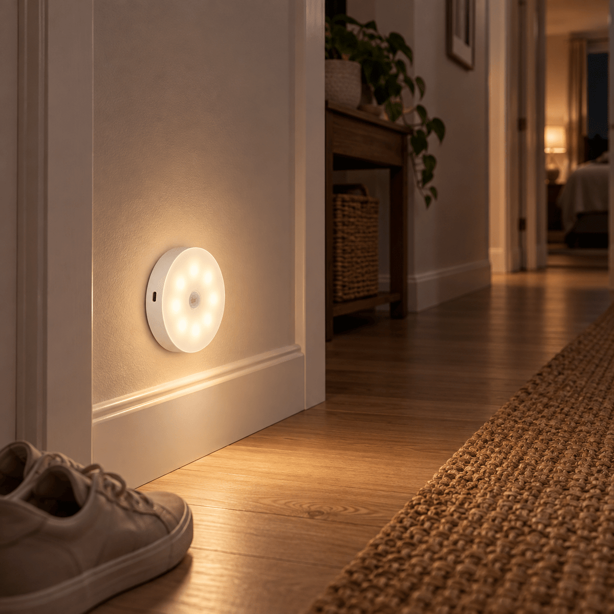 White motion sensor night light mounted low on a hallway wall in a styled evening scene