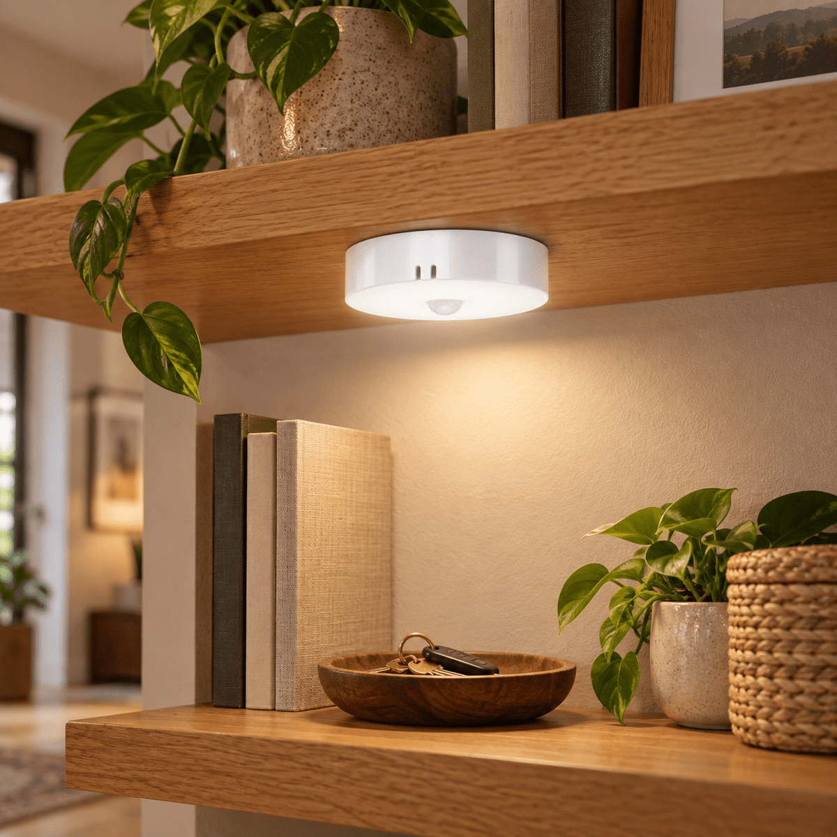 White rechargeable puck light mounted beneath an oak shelf in a styled home scene