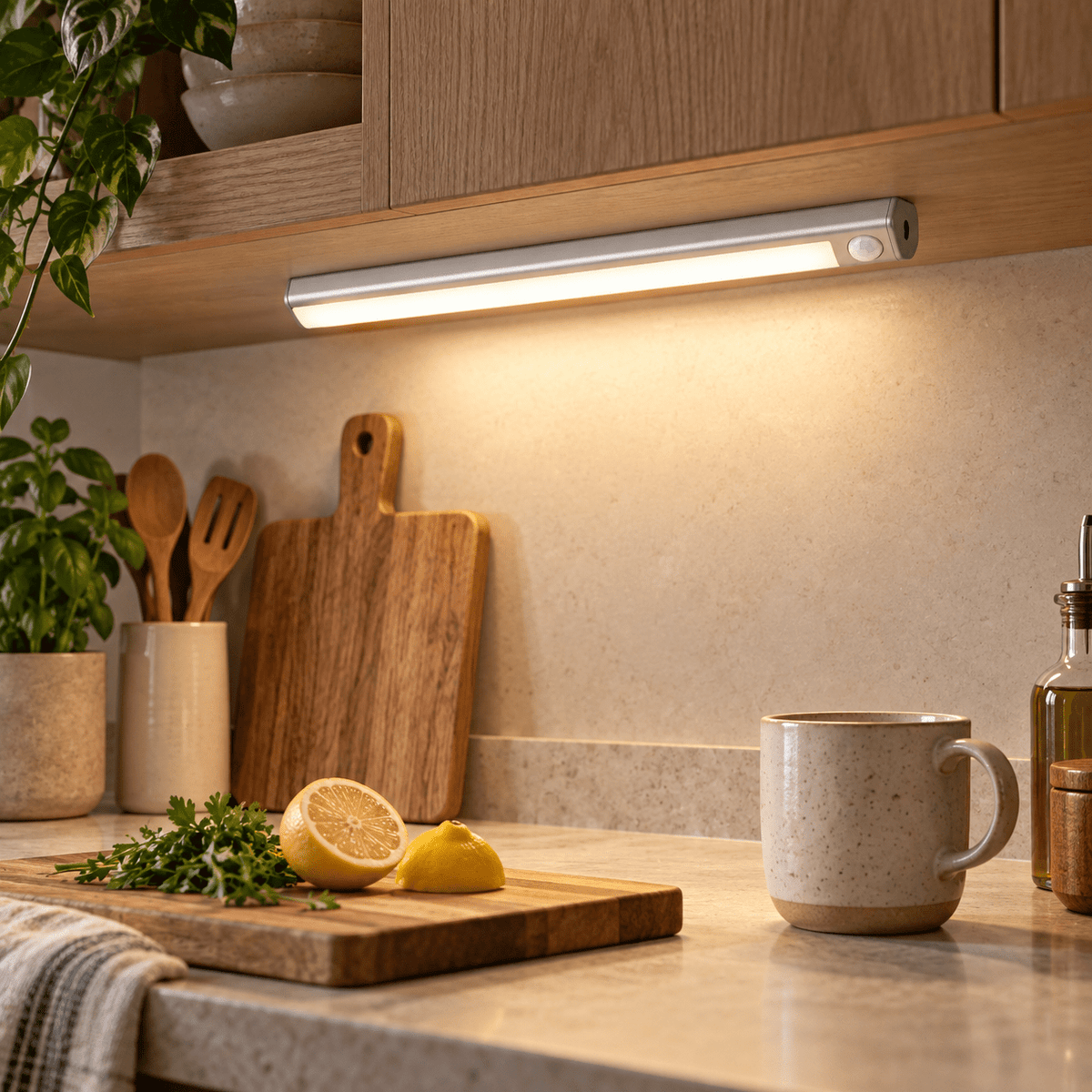 Silver rechargeable light bar mounted under a cabinet and lighting a kitchen counter in a styled scene