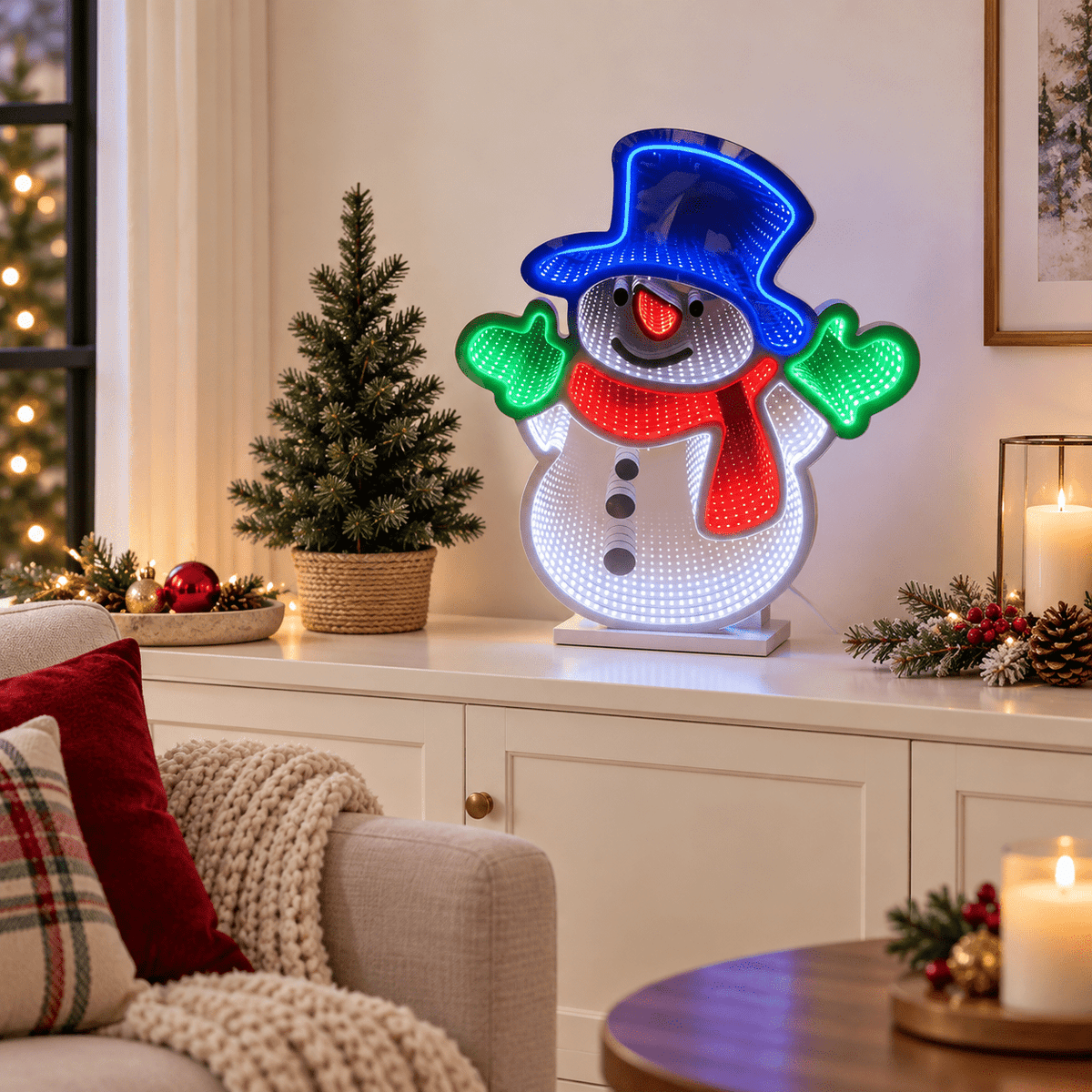 Snowman infinity mirror lamp on festive cream console