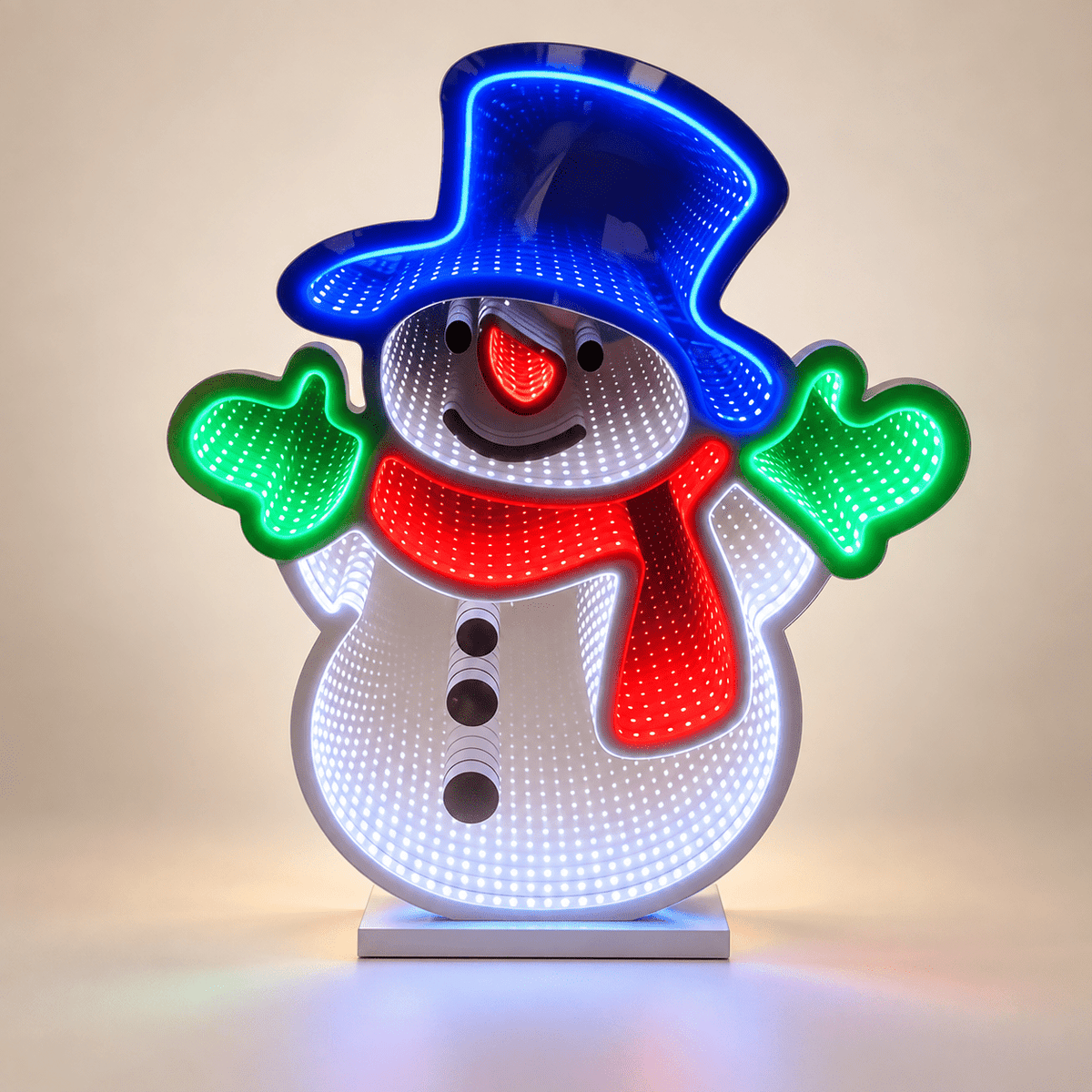 Snowman infinity mirror lamp with blue hat green mittens and red scarf