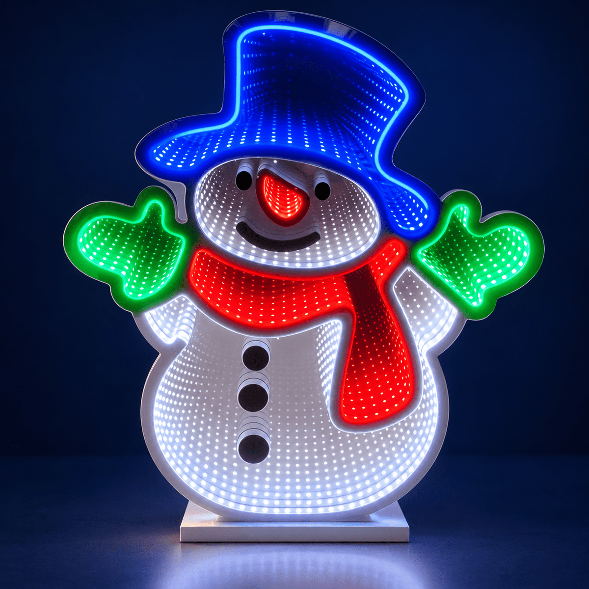 Close view of colorful snowman infinity mirror LED lamp