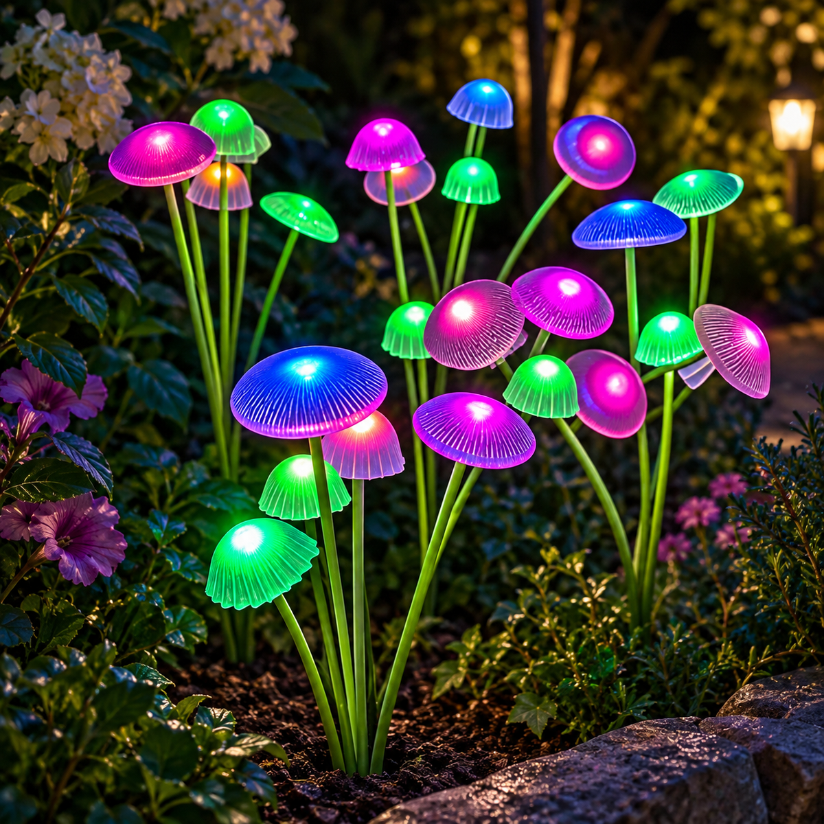 Warm white solar mushroom light in a garden