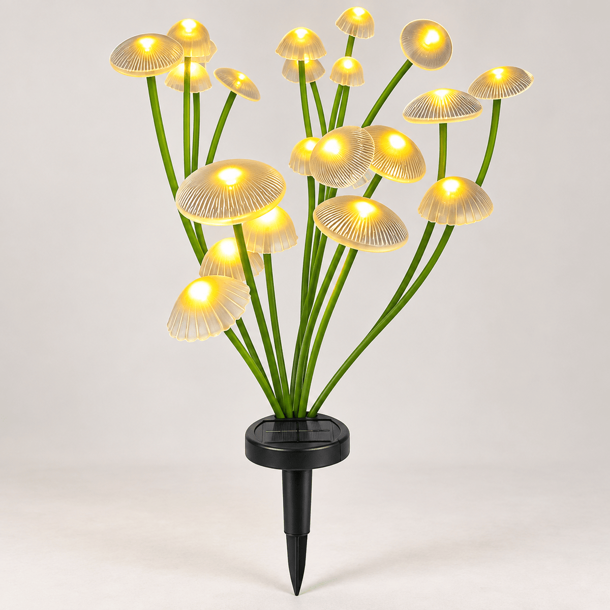 Warm white solar mushroom garden light, studio view