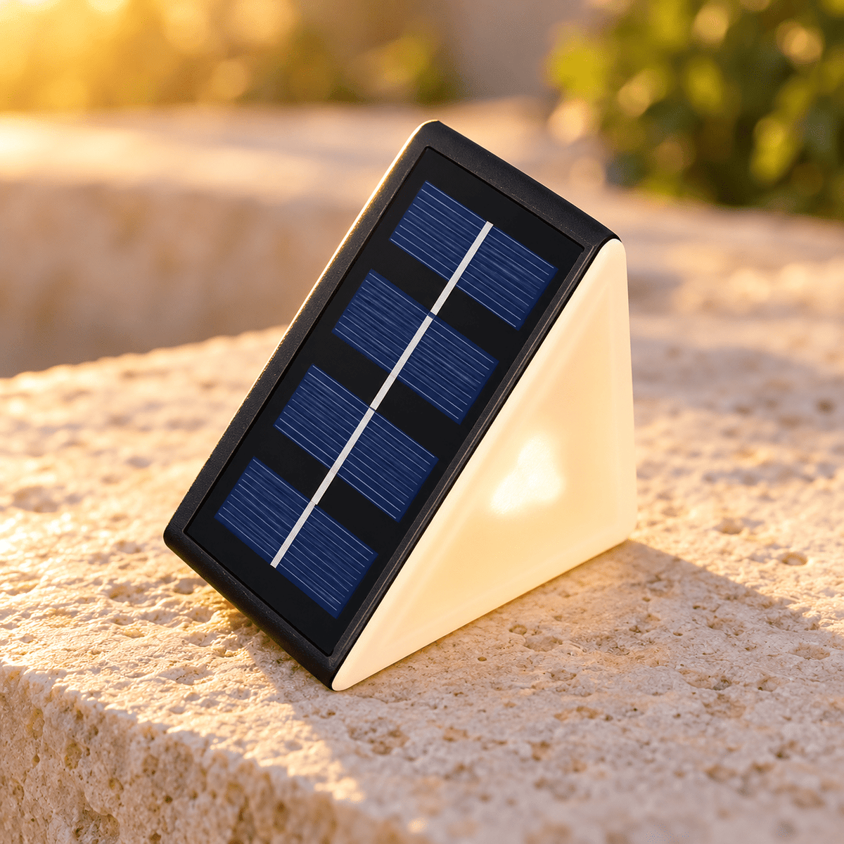 Close-up of triangular solar light panel and translucent housing