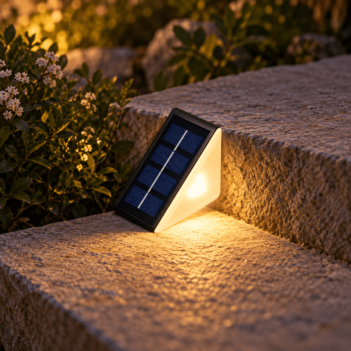 One warm white solar step light on a stone garden step