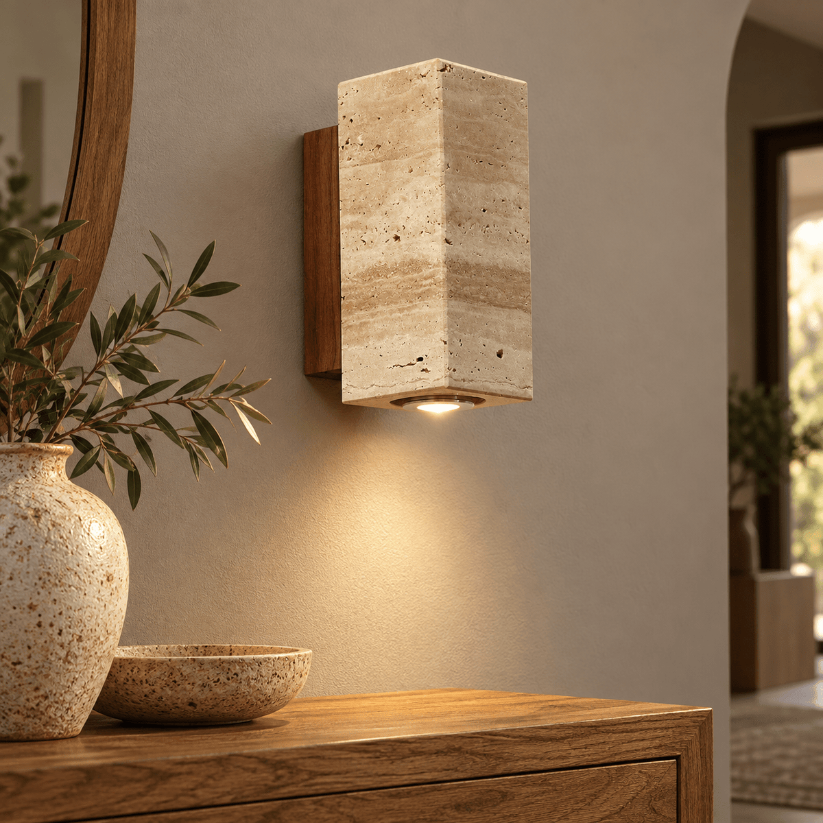 Travertine LED Wall Lamp with Warm White Light, lifestyle view