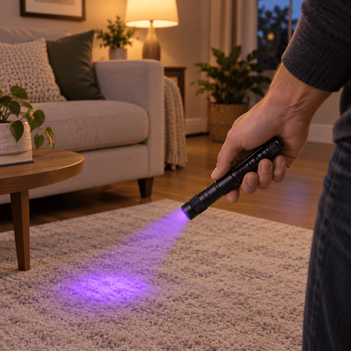 Adult holding a black UV flashlight and aiming it toward a rug in a styled home inspection scene
