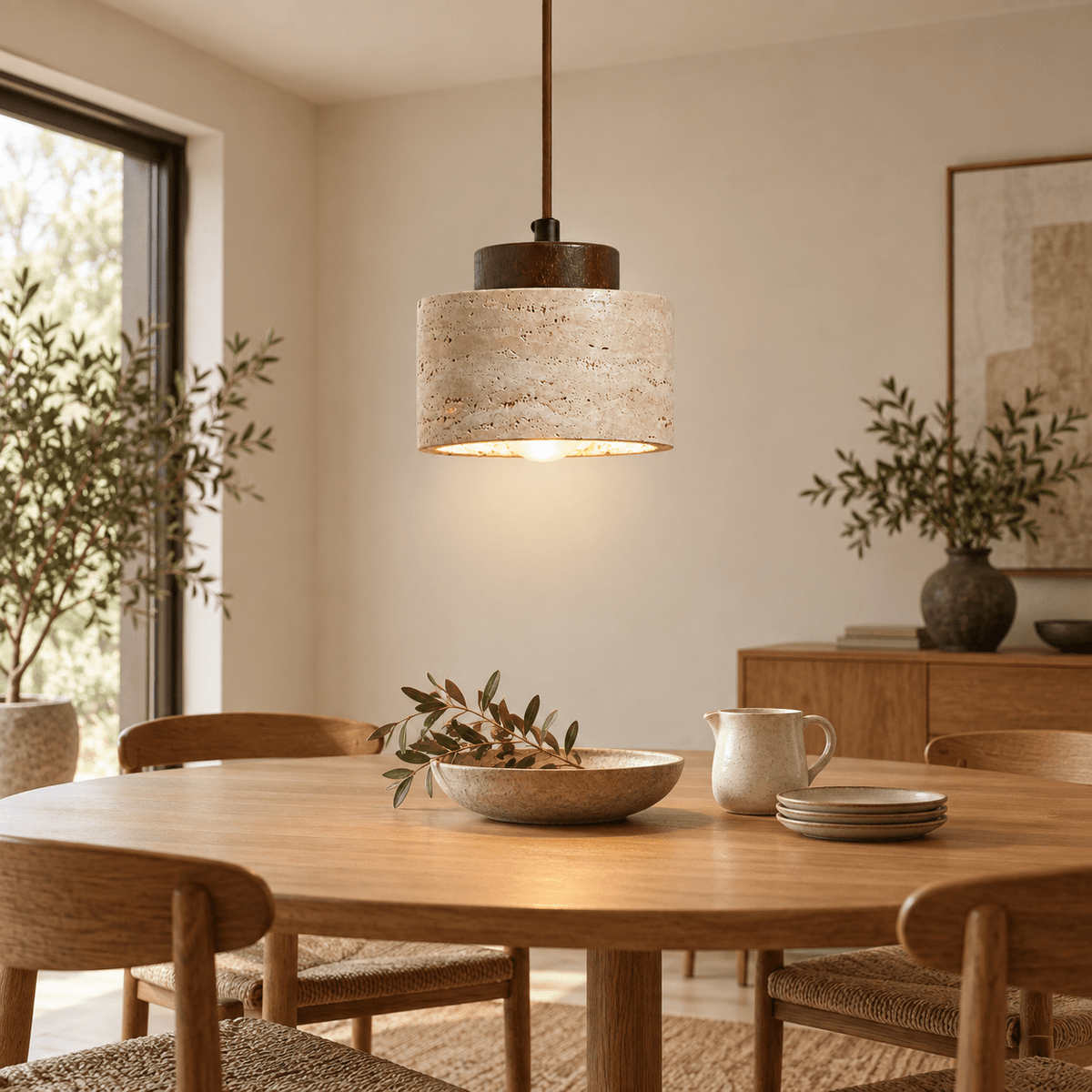 Stone-look pendant light lit over an oak dining table in a styled dining room