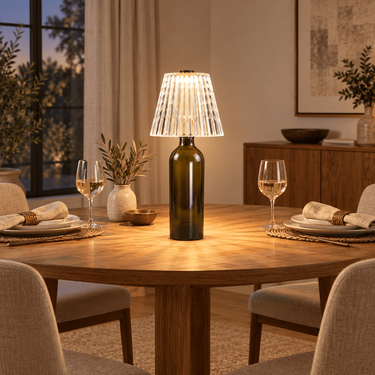 Fluted acrylic bottle lamp lit on an unlabelled bottle at a styled dining table