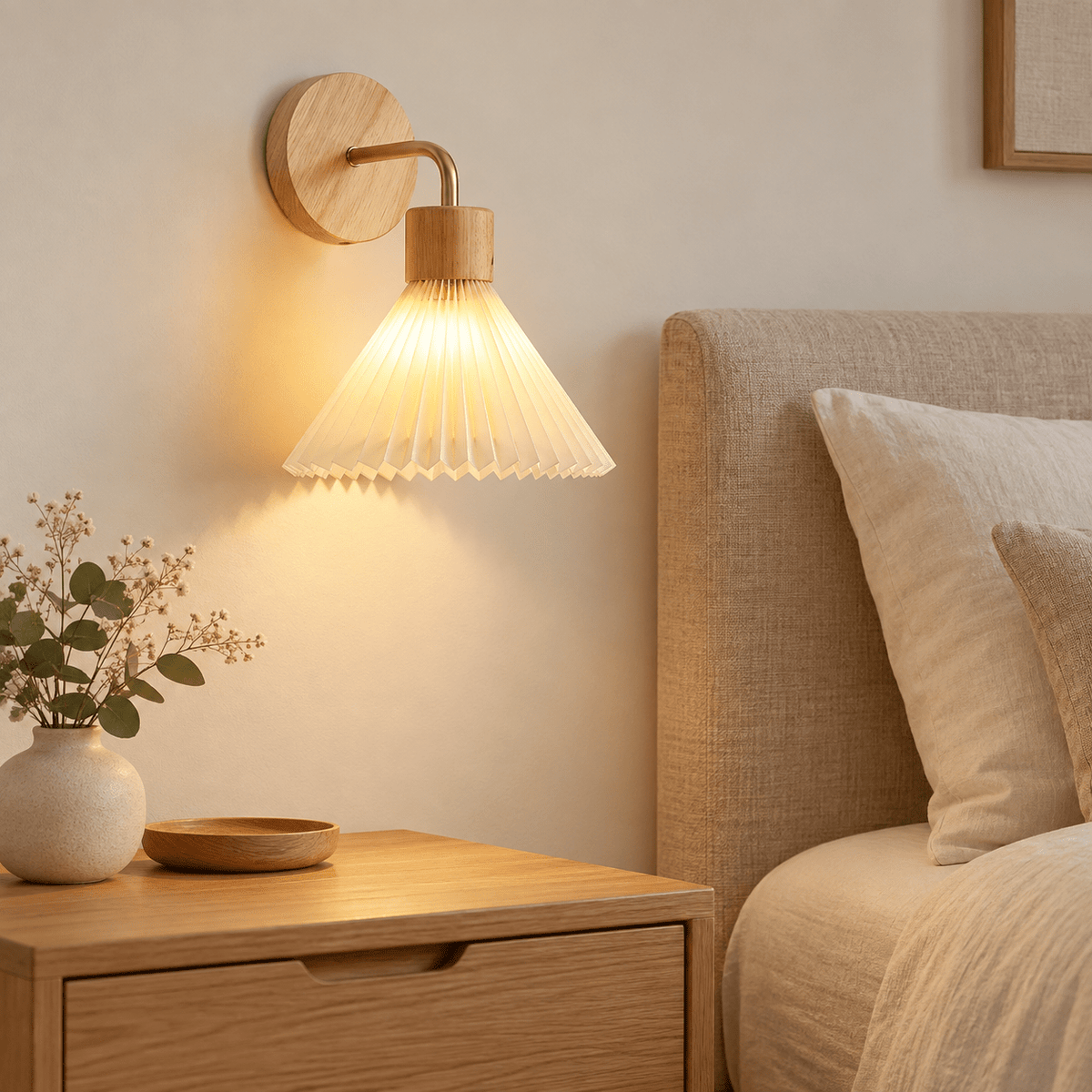 Wood Wall Lamp with Fabric Shade, lifestyle view